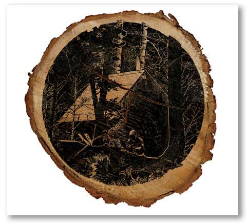 Digital woodcut version of unabomber cabin